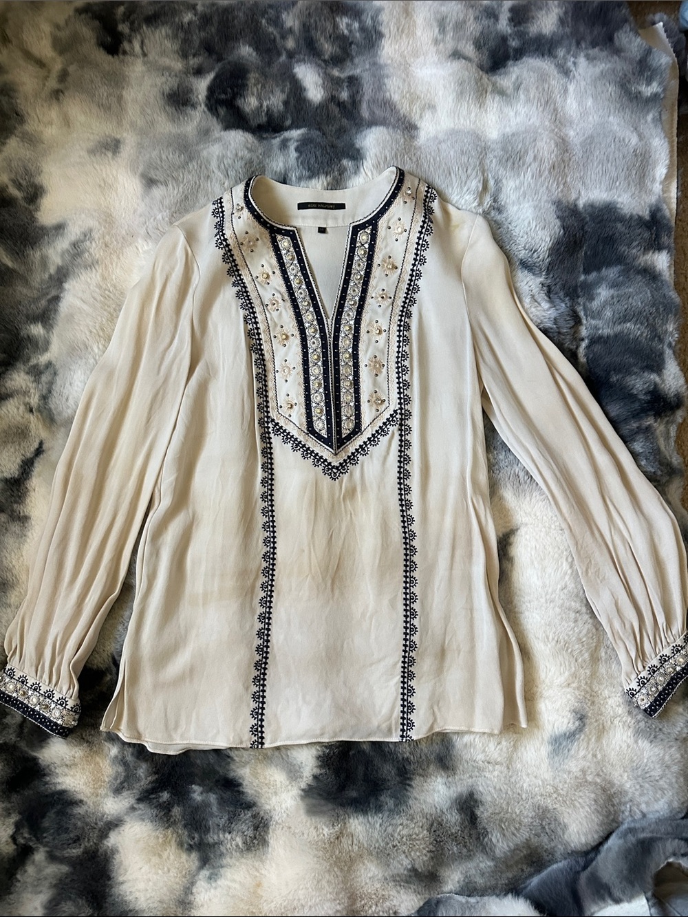 Kobi Halperin Cream Tunic Blouse with Navy Embroidery